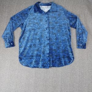WOMAN WITHIN WOMENS BLUE BLACK PAISLEY VELVET BUTTON FRONT SHIRT SIZE LARGE 18